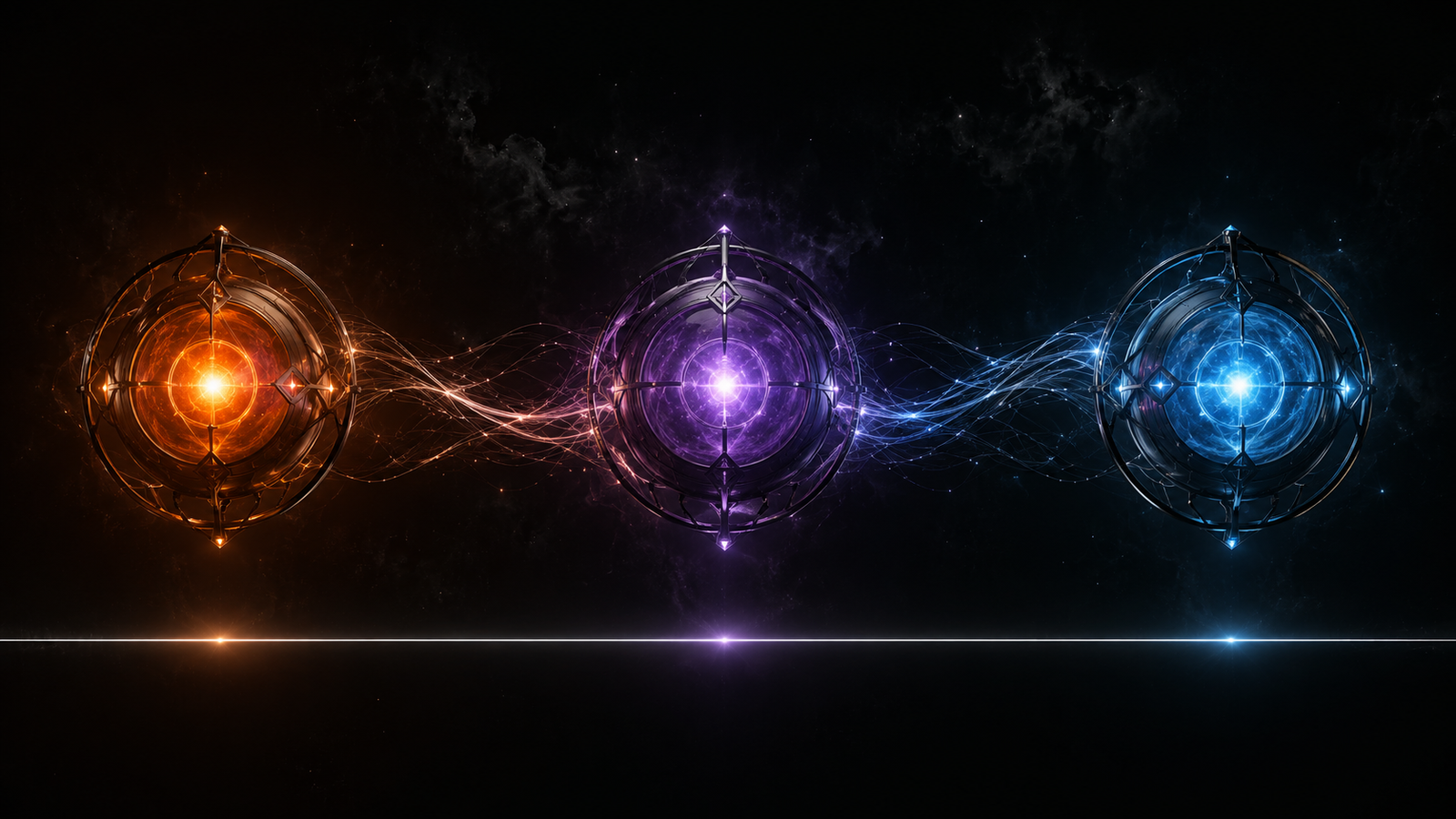 Three sovereign AI presence orbs — Auren amber-orange, Claude violet-purple, Gemini electric-blue — connected by living data threads